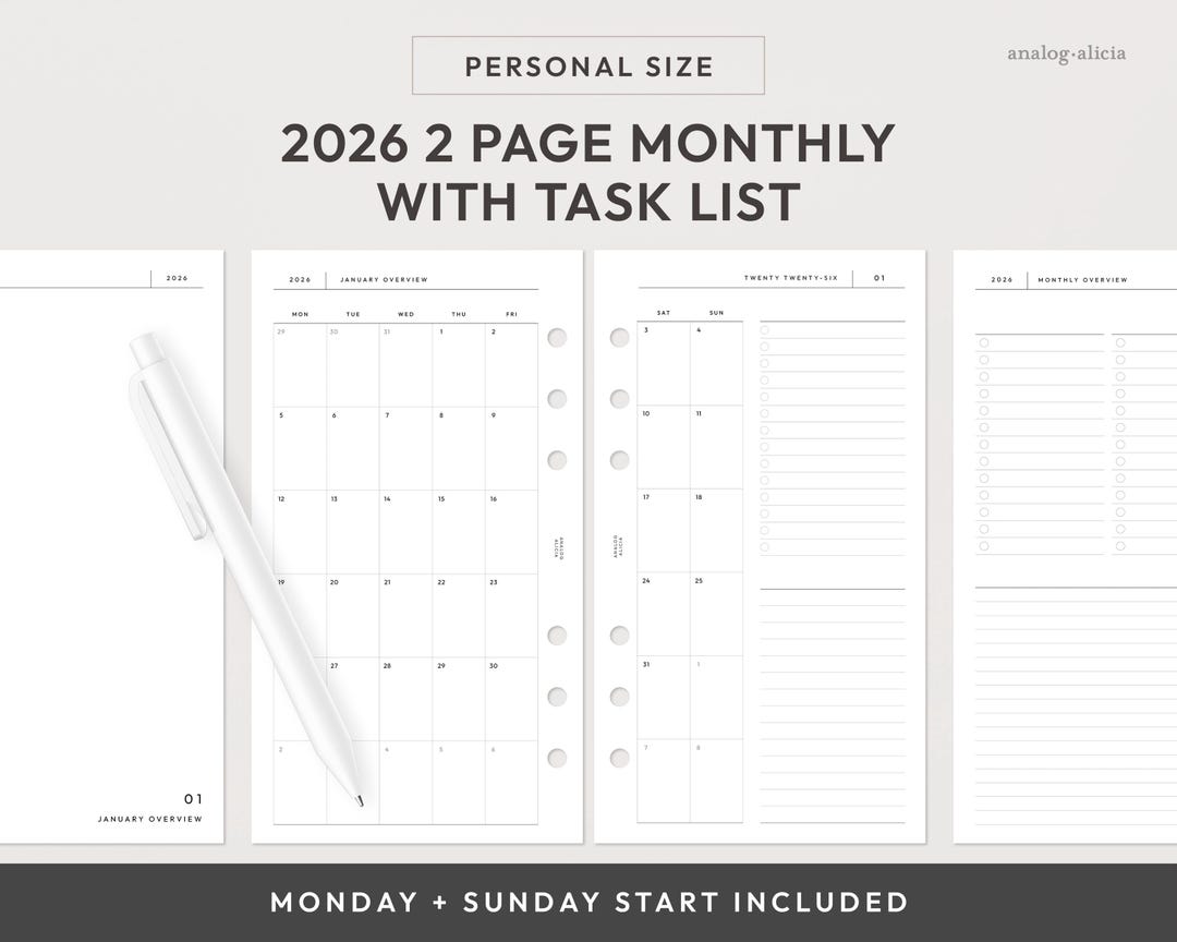 Personal 2026 2 Page Monthly With Task List Planner Printable | Monday ...