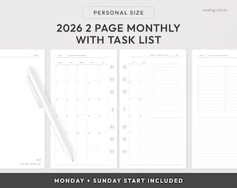 Personal 2026 2 Page Monthly with Task List Planner Printable | Monday and Sunday Start | Task List Layout (Digital Download)