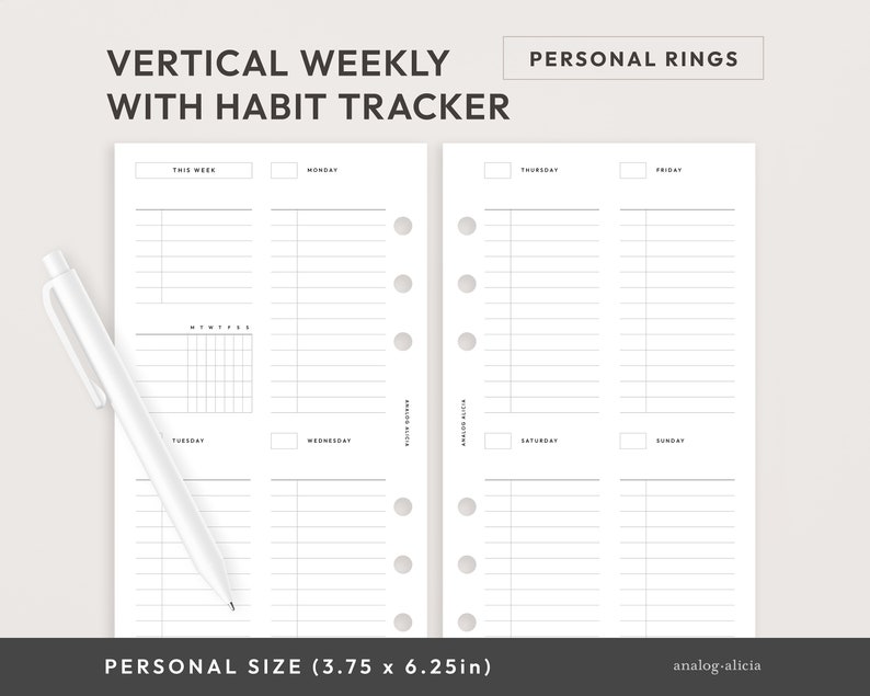 Personal Week on 2 Pages Vertical List Style Weekly With Habit Tracker ...