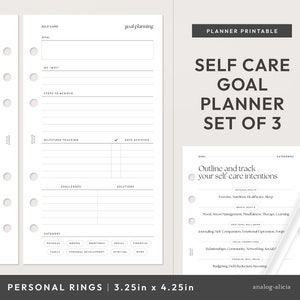 Può includere: Pagine di pianificatore stampabili per obiettivi di auto-cura. Le pagine sono progettate per un raccoglitore ad anelli di dimensioni personali e includono sezioni per l'impostazione degli obiettivi, il monitoraggio dei traguardi, le sfide, le soluzioni e le categorie. Le pagine del pianificatore sono bianche con testo nero.