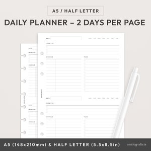 Planificador diario de productividad horizontal, tamaño A5/media carta, 2 días por página, imprimible, con horario y lista de tareas / Inserto para agenda diaria / 2DPP-01
