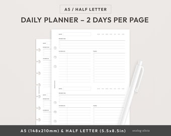 A5/Half Letter 2 Days Per Page Daily Printable with Schedule and Task List | Horizontal Daily Productivity Planner Insert | 2DPP-01