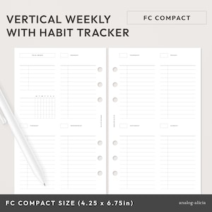 May include: A white vertical weekly planner with a habit tracker. The planner is designed for use with a compact Filofax or similar system. The planner measures 10.8 cm by 17.1 cm.