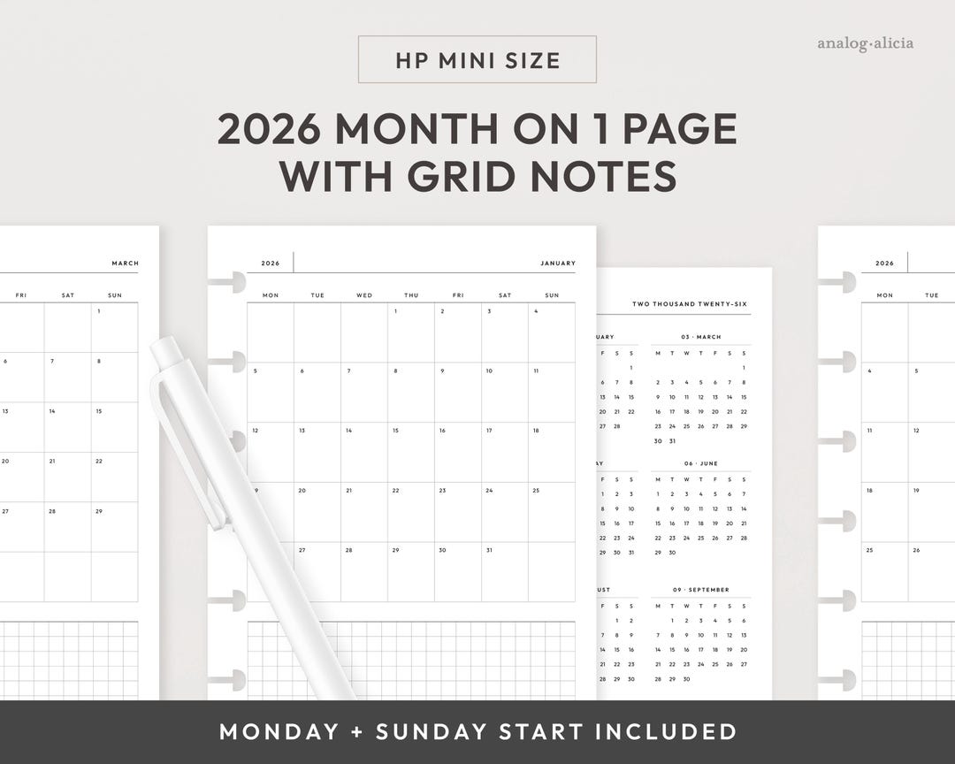HP Mini 2026 Month on 1 Page Printable Planner Insert | Monday & Sunday ...