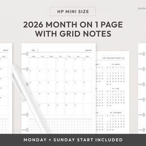 HP Mini 2026 Month on 1 Page Printable Planner Insert | Monday & Sunday Start | MO1P Grid Monthly Layout (Digital Download)