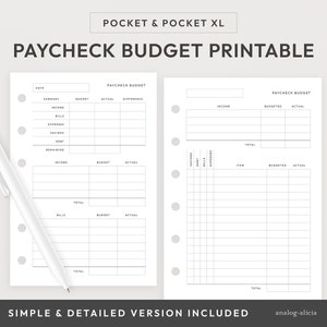 May include: A printable budget planner for tracking income and expenses. The planner includes two versions: a simple version and a detailed version. The simple version has sections for income, bills, expenses, savings, and debt. The detailed version has sections for income, budgeted expenses, and actual expenses.