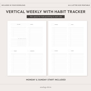 A4 / Letter Size Week on 2 Page Vertical List Style with Habit Tracker Planner Insert | Undated Week At A Glance Routine Printable | WO2P-02 image 2