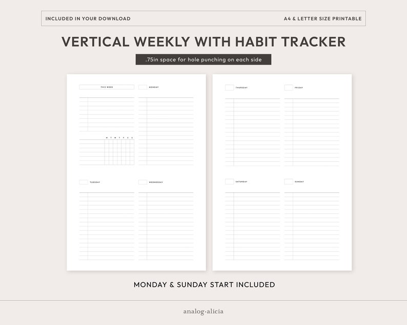 A4 / Letter Size Week on 2 Page Vertical List Style with Habit Tracker Planner Insert | Undated Week At A Glance Routine Printable | WO2P-02 image 2