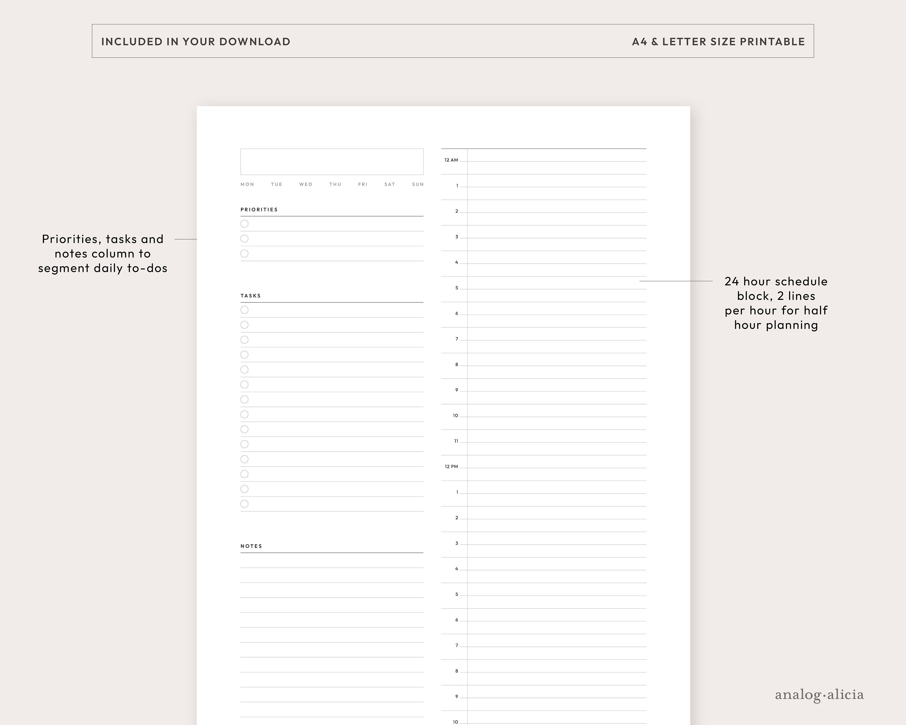 24 Hour Daily Printable Planner Insert | Hourly Time Blocking Planner ...