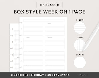 HP Classic Box Style Woche auf 1 Seite Wöchentlich druckbare Planereinlagen | Grid, Lined & Blank Weekly Inserts für Classic Discbound | WO1P-03