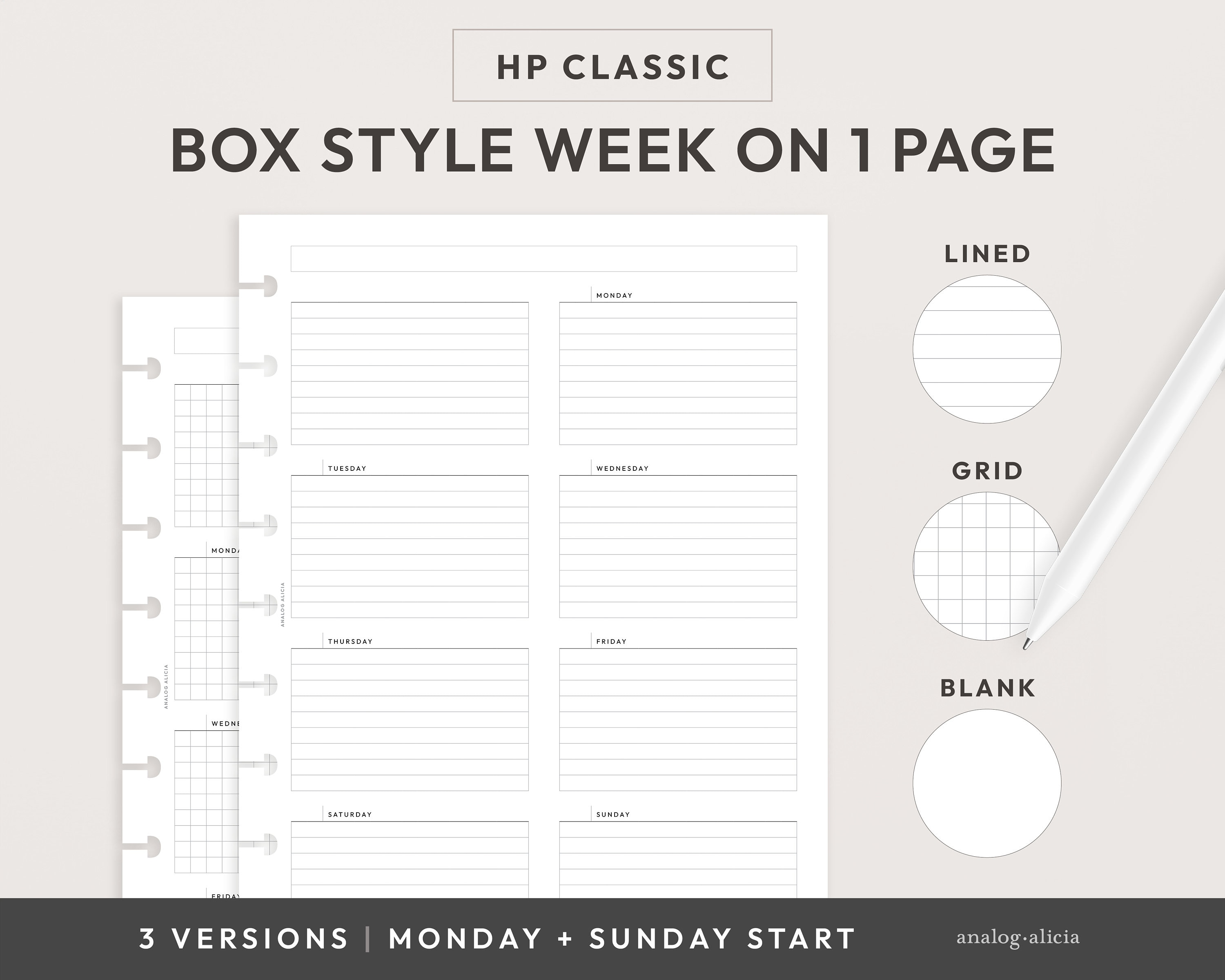 HP Classic Box Style Week on 1 Page Weekly Printable Planner Inserts ...