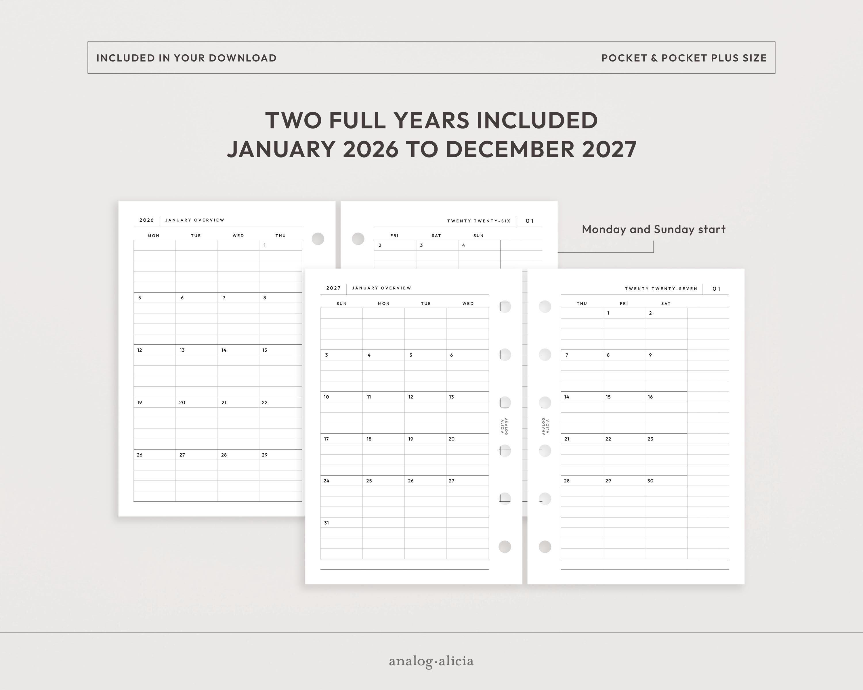 Pocket/pocket XL 2026 & 2027 Lined Month on 2 Page Printable Planner ...