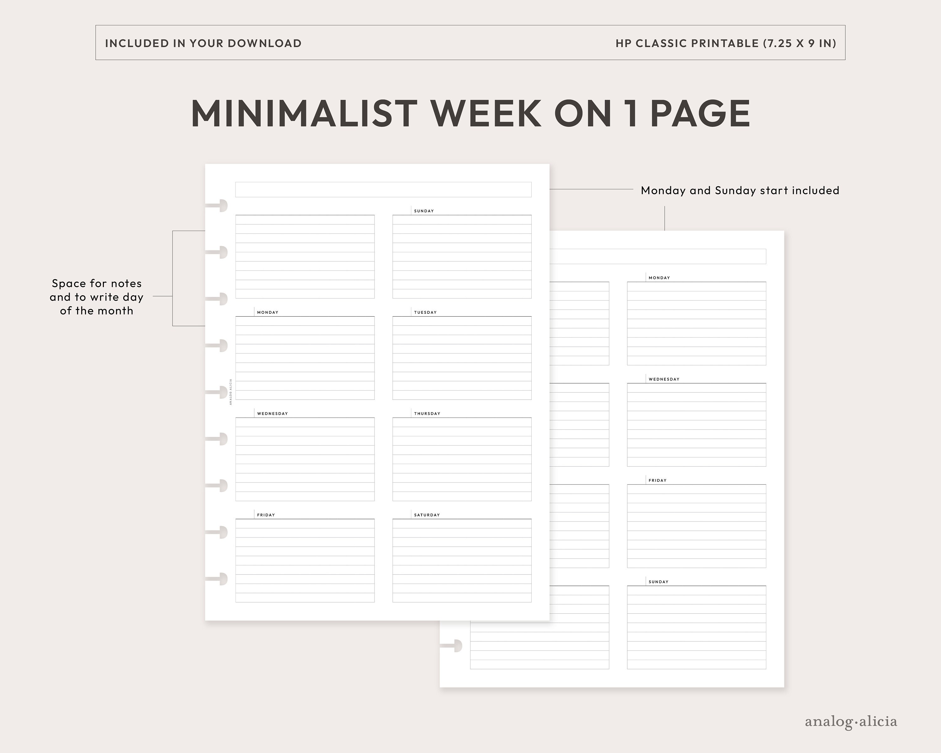 HP Classic Box Style Week on 1 Page Weekly Printable Planner Inserts ...