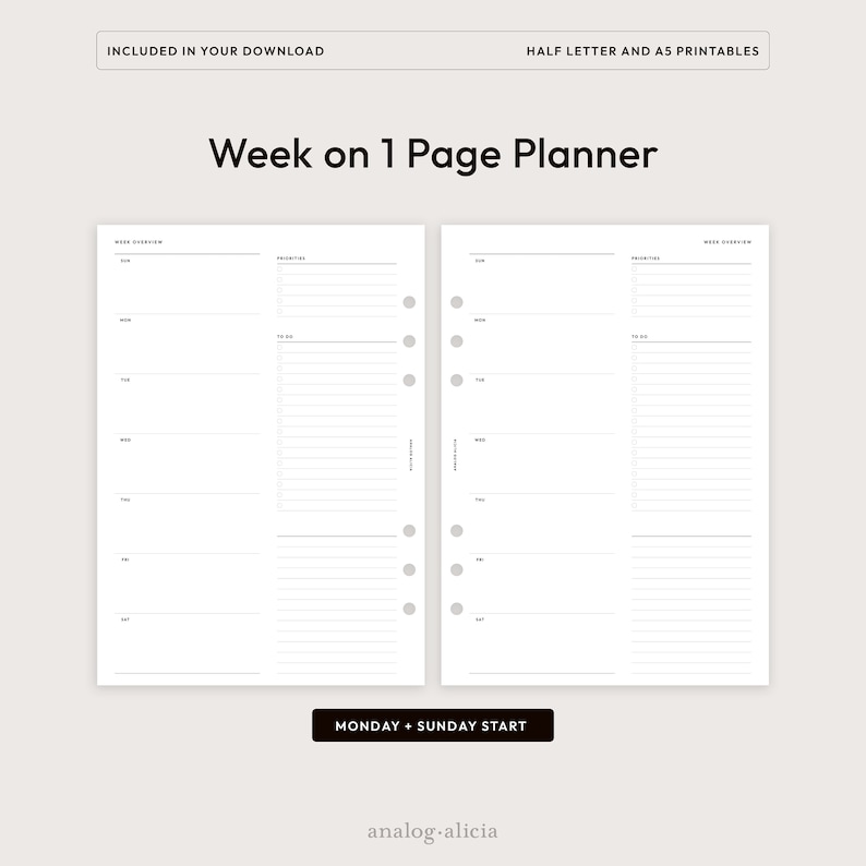 W01 Minimalist Weekly Planner Printable A5/half Letter Week on 1 Page ...