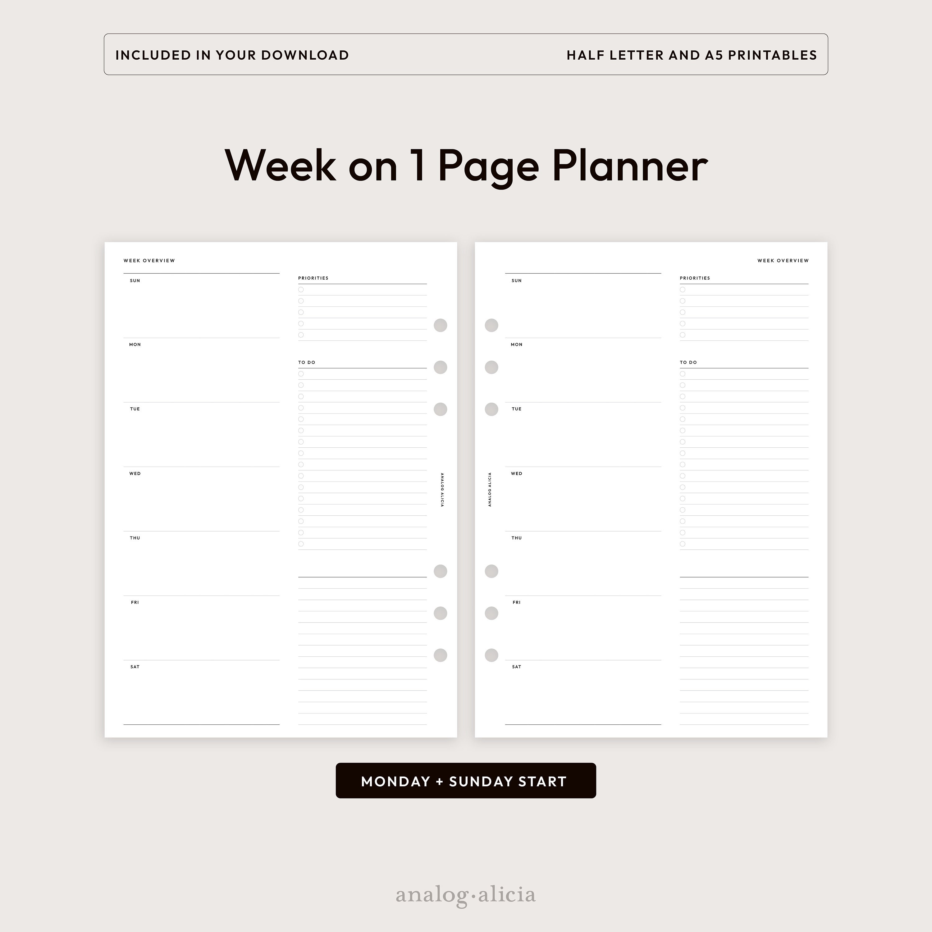 W01 Minimalist Weekly Planner Printable A5/half Letter Week on 1 Page ...