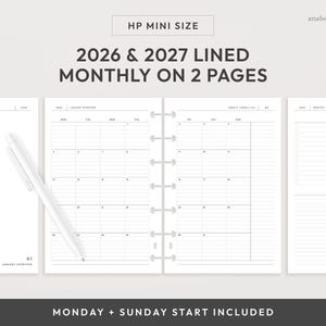 HP Mini 2026 & 2027 Lined Month on 2 Page Printable Planner Insert | Monday and Sunday Start | MO2P Minimalist Layout (Digital Download)
