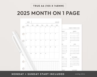 Insertion d&#39;agenda imprimable A6 2025 mois sur 1 page, mise en page mensuelle grille minimaliste | Calendrier de début du lundi et dimanche du MO1P | Véritables bagues A6