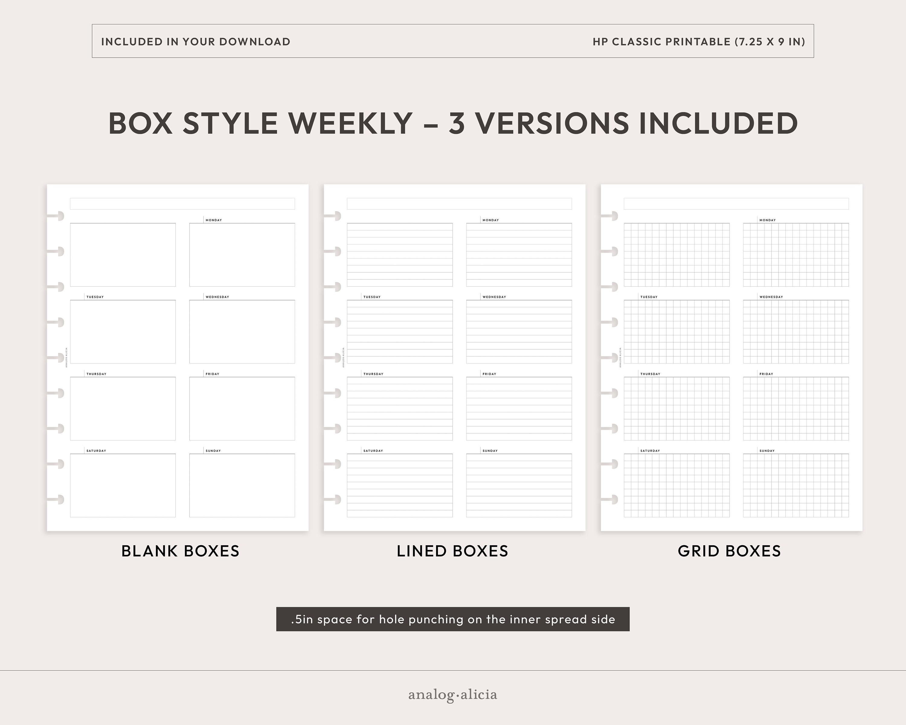HP Classic Box Style Week on 1 Page Weekly Printable Planner Inserts ...