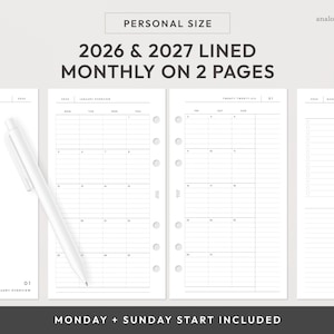 Personal 2026 & 2027 Lined Month on 2 Page Printable Planner Insert | Monday and Sunday Start | MO2P Minimalist Layout (Digital Download)