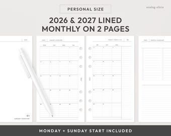 Personal 2026 & 2027 Lined Month on 2 Page Printable Planner Insert | Monday and Sunday Start | MO2P Minimalist Layout (Digital Download)