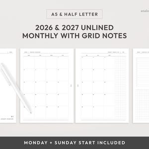A5/Half Letter 2026 & 2027 Month On Two Pages Planner Printable | Unlined with Grid Notes Monthly Planner Insert (Digital Download)