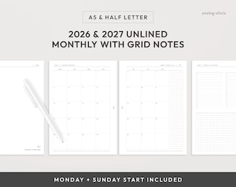 A5/Half Letter 2026 & 2027 Month On Two Pages Planner Printable | Unlined with Grid Notes Monthly Planner Insert (Digital Download)