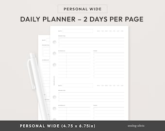 Personal Wide 2 Days Per Page Daily Printable with Schedule and Task List | Horizontal Daily Planner Insert | 2DPP-01 | PW Wide Rings