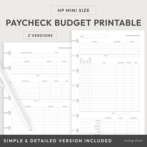 May include: Two printable budget trackers for a HP Mini size planner. The first tracker is a simple budget tracker with columns for income, fixed bills, and expenses. The second tracker is a detailed budget tracker with columns for income, budget, actual, and date.