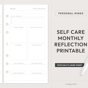Puede incluir: Inserción de planificador de reflexión mensual de autocuidado imprimible con secciones para la gratitud, los logros, lo que trajo alegría, los desafíos, las lecciones aprendidas, los objetivos alcanzados, los objetivos del próximo mes, lo que espera con interés y la calificación mensual.