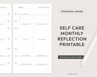 Personal Monthly Reflection Self Care Planner Printable | Monthly Wellness Journaling Insert | Self Care Printable Series | Personal Rings