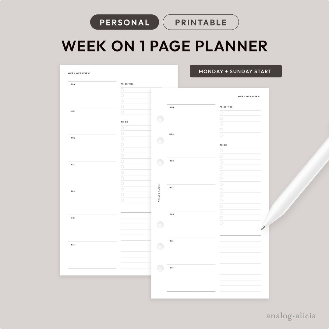 Personal Minimalist Week on 1 Page Printable Planner Insert | Weekly ...
