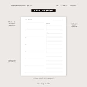 Peut inclure: Mod&egrave;le de planificateur hebdomadaire imprimable avec une mise en page &agrave; deux colonnes. La colonne de gauche comporte une section pour chaque jour de la semaine, et la colonne de droite comporte des sections pour les priorit&eacute;s, la liste des choses &agrave; faire et les notes.