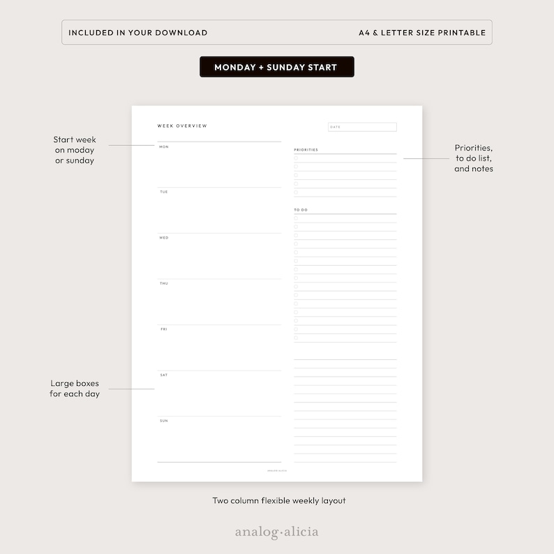 Peut inclure: Mod&egrave;le de planificateur hebdomadaire imprimable avec une mise en page &agrave; deux colonnes. La colonne de gauche comporte une section pour chaque jour de la semaine, et la colonne de droite comporte des sections pour les priorit&eacute;s, la liste des choses &agrave; faire et les notes.