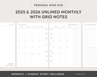 Personal Wide 2025 & 2026 Dated Month On Two Pages Printable Planner Insert | Unlined with Grid Notes Monthly Calendar | Minimalist Style