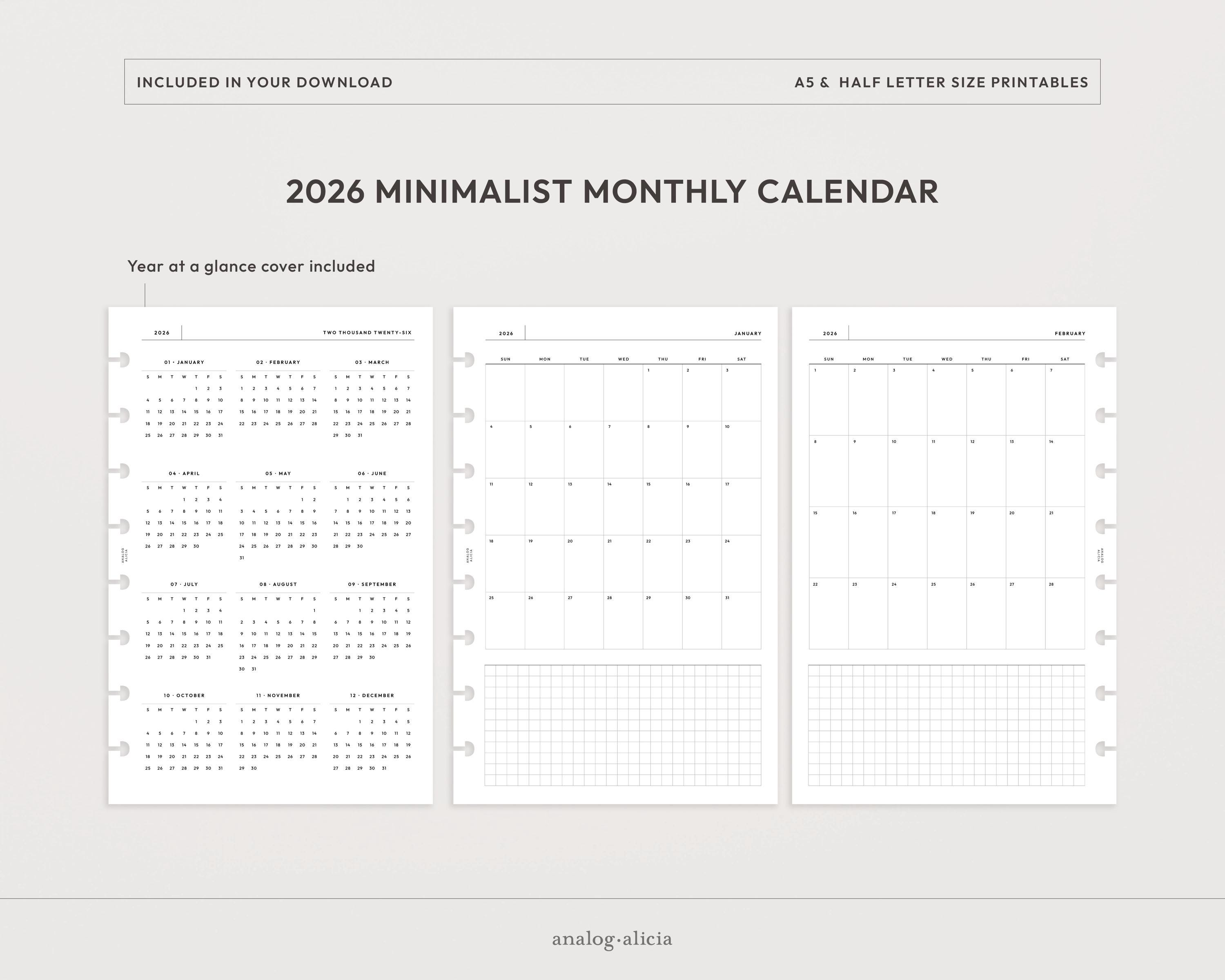 A5/half Letter 2026 Month on 1 Page Printable Planner Insert | Monday ...
