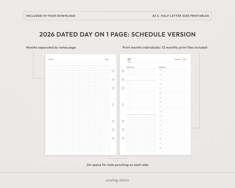 A5/half Letter 2026 Day on 1 Page Printable Insert | Dated Daily ...