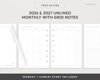 A6 2026 & 2027 Monat Auf Zwei Seiten Planer Printable | Unliniert mit Grid Notes Monatsplaner Einlage | True A6 Size (Digitaler Download)