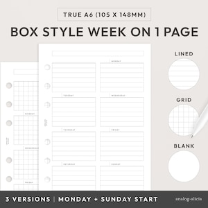 May include: A printable planner page with a weekly layout in a box style. The page is divided into seven sections for each day of the week, with space for notes and tasks. The page is available in three versions: lined, grid, and blank. The page is designed for A6 size paper, which is 105 x 148 mm.