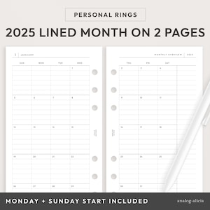 Personal 2025 Lined Month on 2 Page Printable Planner | Dated 2 Page Monthly Calendars - Monday and Sunday Start | Minimalist Style