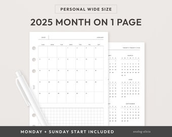 Personal Wide 2025 Month on 1 Page Printable Planner Insert | Minimalist Grid Monthly Layout | Dated MO1P Monday & Sunday Start Calendar