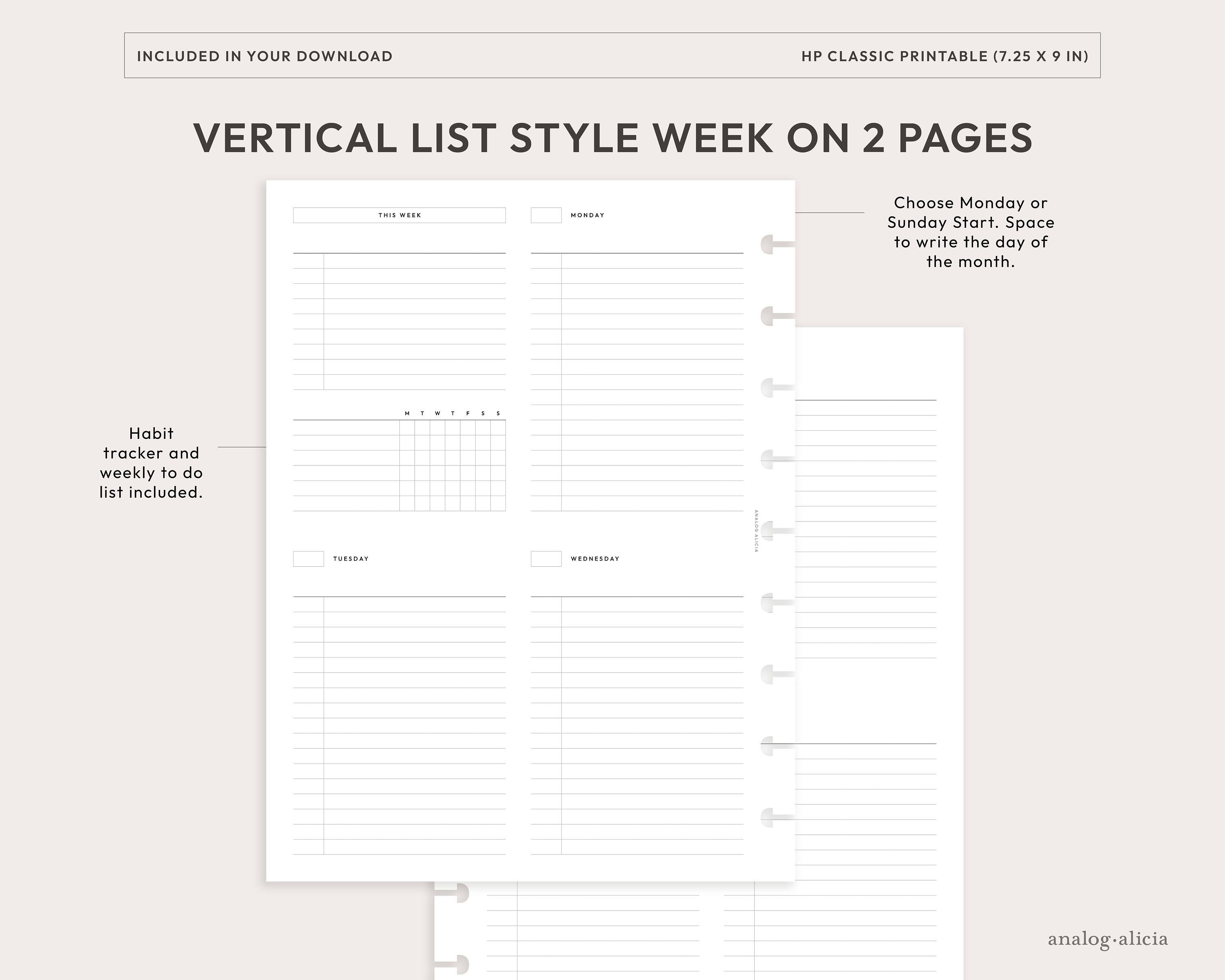 HP Classic Week on 2 Pages Vertical List Style Weekly With Habit ...