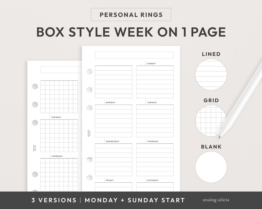 Personal Box Style Week on 1 Page Minimalist Weekly Printable Planner ...