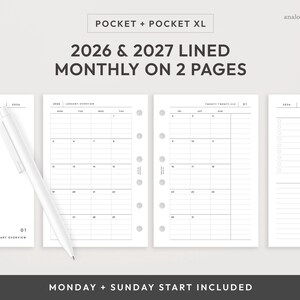 May include: A set of white planner pages with a pen, featuring the text "2026 & 2027 LINED MONTHLY ON 2 PAGES." The pages include monthly calendars and lined pages. The text "MONDAY + SUNDAY START INCLUDED" is also visible.