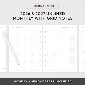 Personal Wide 2026 & 2027 Month On Two Pages Planner Printable | Unlined with Grid Notes Monthly Planner Insert (Digital Download)