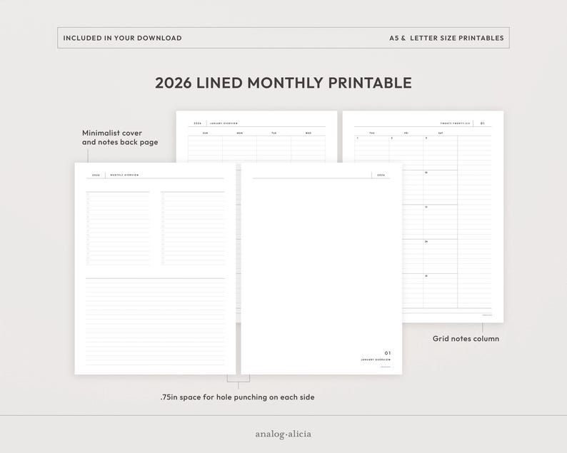 A4/Letter Size 2026 & 2027 Lined Month on 2 Page Printable Planner | Monday and Sunday Start | MO2P Minimalist Layout (Digital Download) image 2