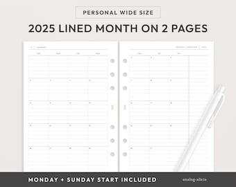 Personal Wide 2025 Lined Month on 2 Page Printable Planner | Dated 2 Page Monthly Calendars - Monday and Sunday Start | Minimalist Style