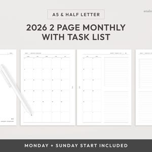 Op de afbeelding: Een witte planner met een maandelijkse spread van 2 pagina's voor 2026, inclusief een takenlijst. De planner is gelabeld "A5 & Half Letter" en bevat de tekst "Monday + Sunday Start Included."