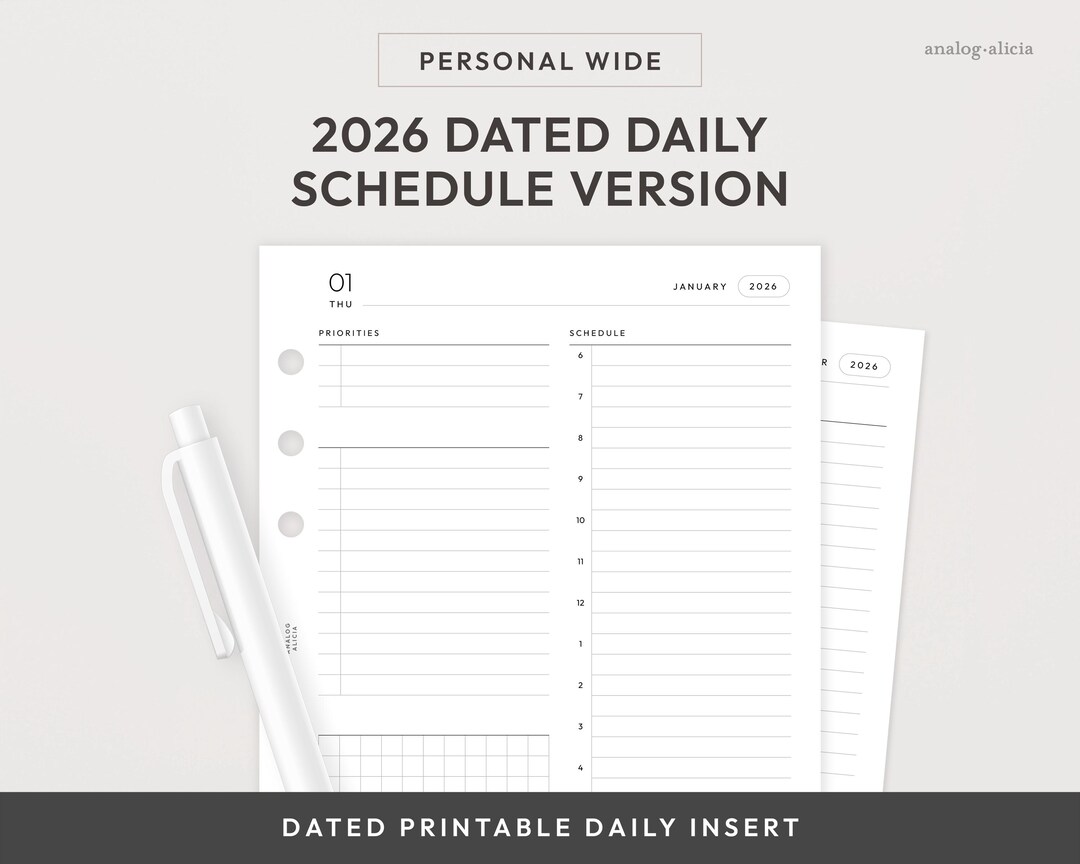 Personal Wide 2026 Day on 1 Page Printable Insert | Dated Daily Planner ...