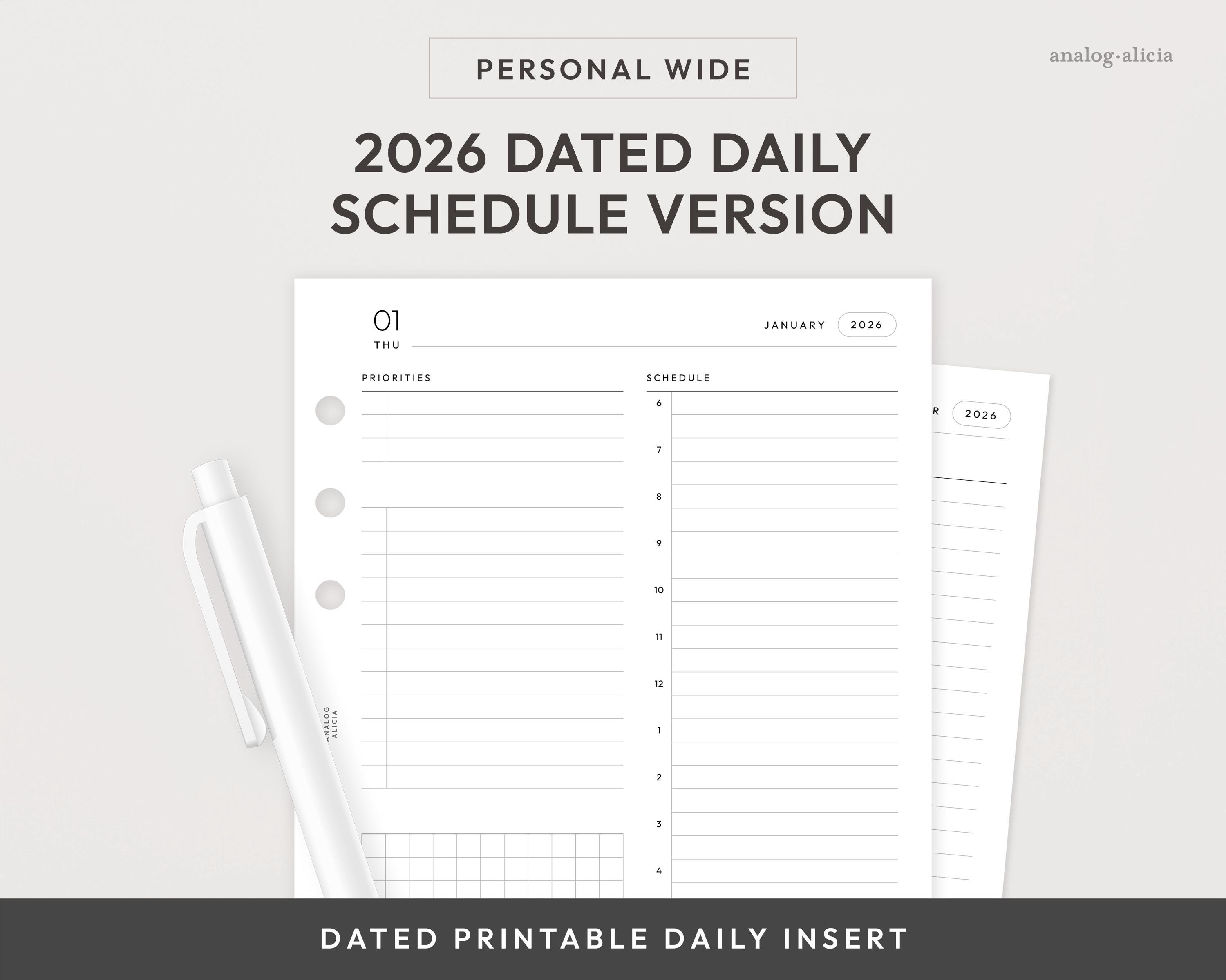 Personal Wide 2026 Day on 1 Page Printable Insert | Dated Daily Planner ...
