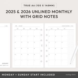 A6 2025 & 2026 Dated Month On Two Pages Printable Planner Insert | Unlined with Grid Notes Monthly Calendar True A6 Rings | Minimalist Style